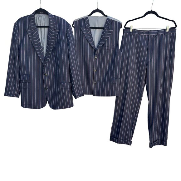 Sergio Valentino Diamond 150s Wool 3-Piece Navy Pinstripe Suit Blazer Vest Pant - Picture 1 of 16